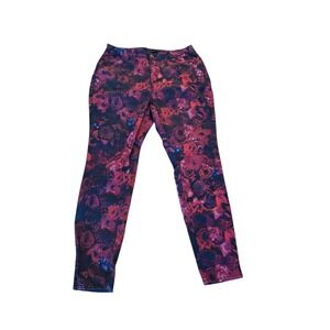 Ashley Stewart Womens Size 18 Floral Skinny Jeans Burgundy Blue Rose Print